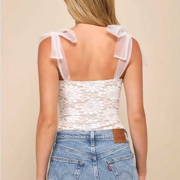 NWT!!! Lulus Perfect Persona Ivory and Beige Lace Tie-Strap Bodysuit - Picture 2 of 2